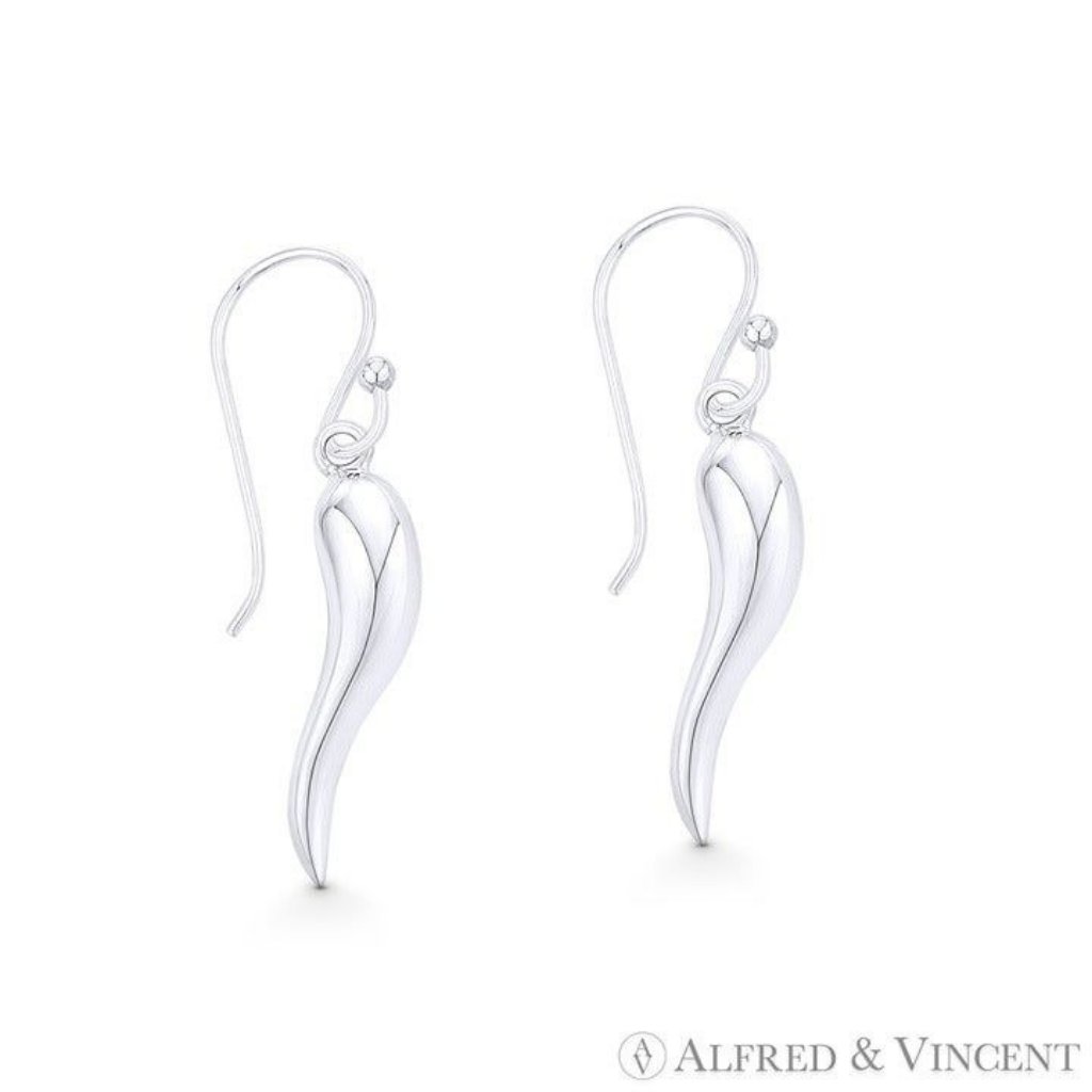 Italian Horn Evil Eye Luck Charm Dangling Fish-Hook Earrings In Hollow .925 Ster